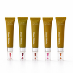Five Dear Māia lip treatments shown side by side to show all the available colours