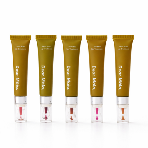 Five Dear Māia lip treatments shown side by side to show all the available colours