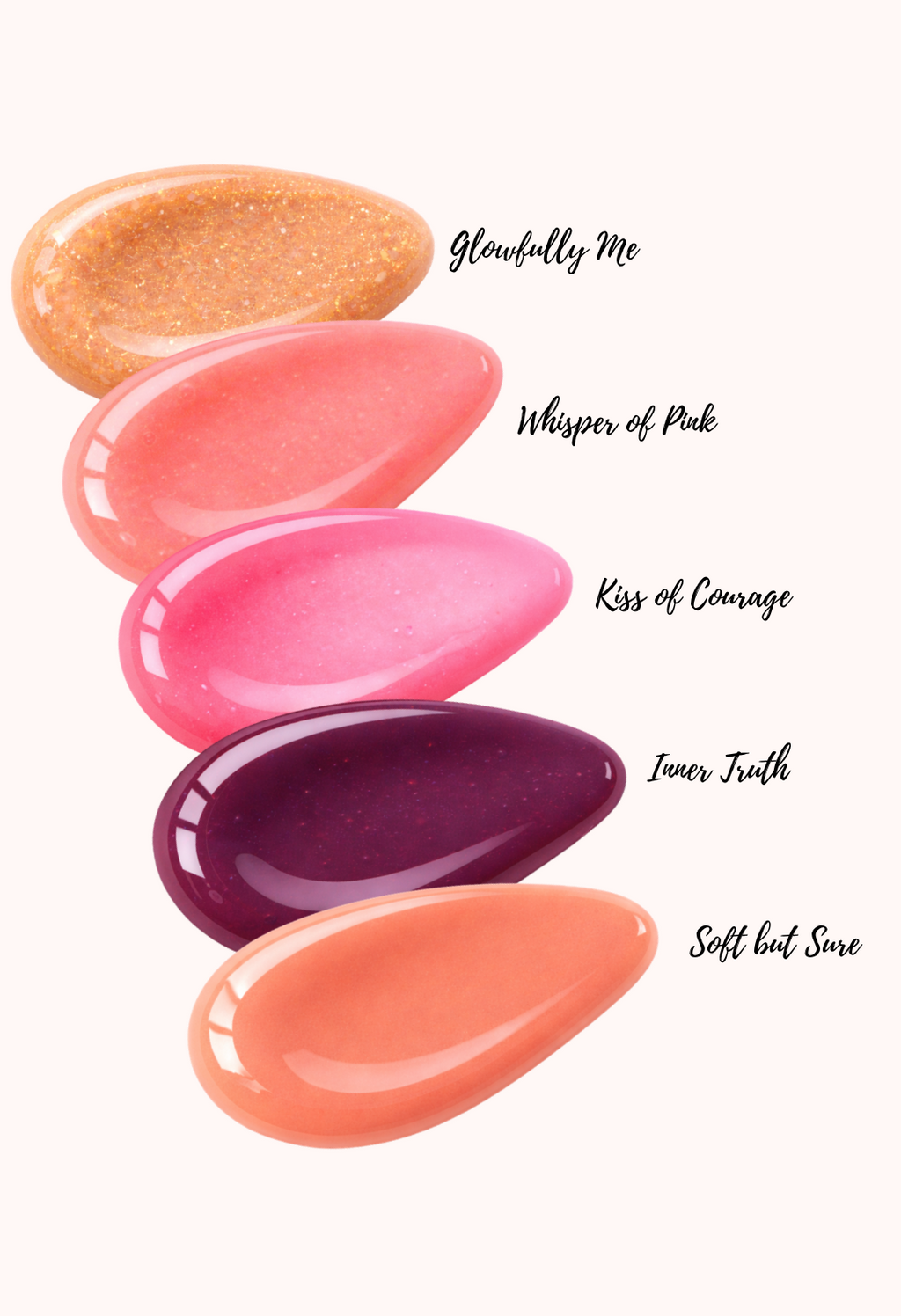 Five lip balm shades with names on a muted pink background