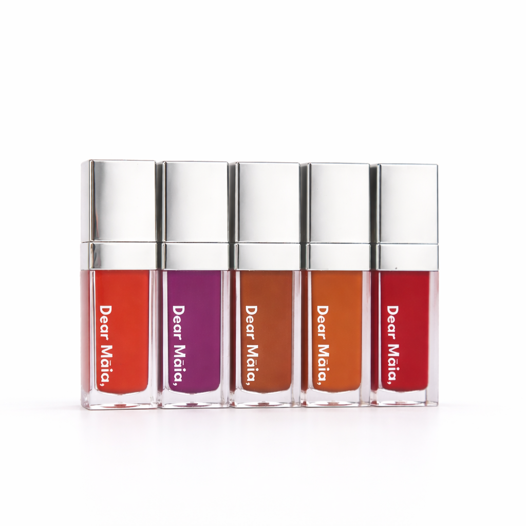 All fives bottles of the Dear Māia luminous liquid blush shown in one picture on a white background. 