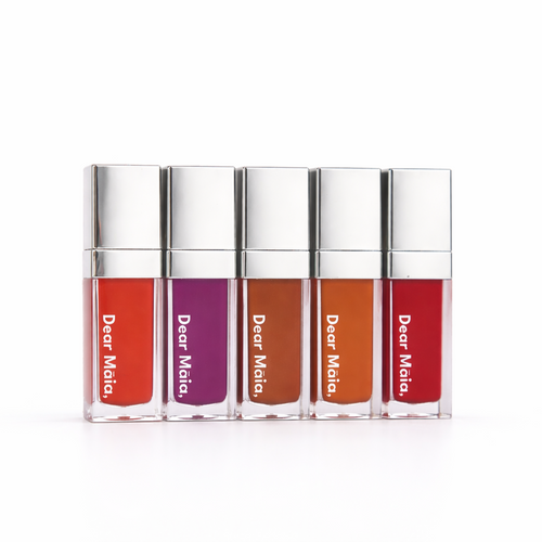 All fives bottles of the Dear Māia luminous liquid blush shown in one picture on a white background. 